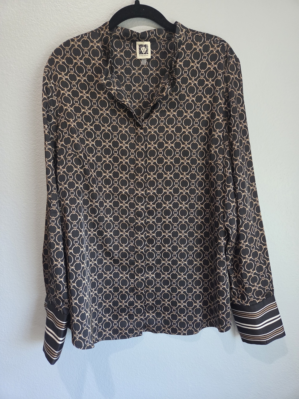 Anne Klein Black Button-Down Blouse with Tan Geometric Chain Print. Long Sleeve